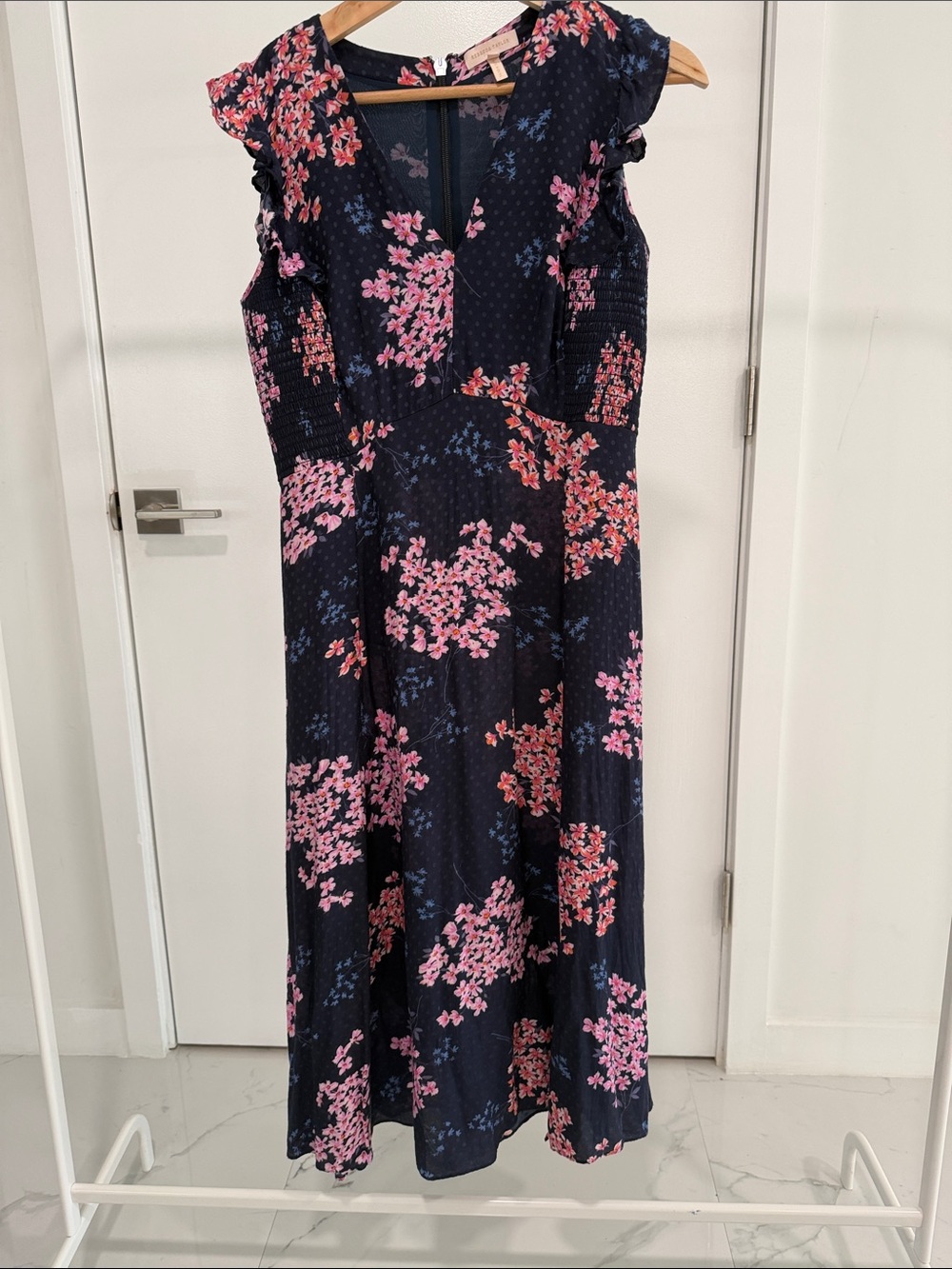 Rebecca Taylor Navy Floral V-Neck Midi Dress with Pink Flowers